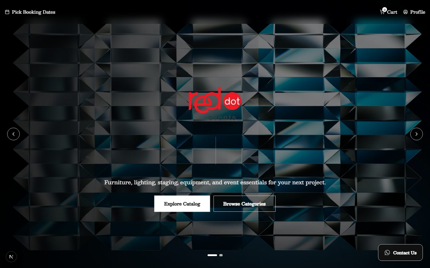Online rental catalogue built on AGC Event OS, showing decor items with photos and availability